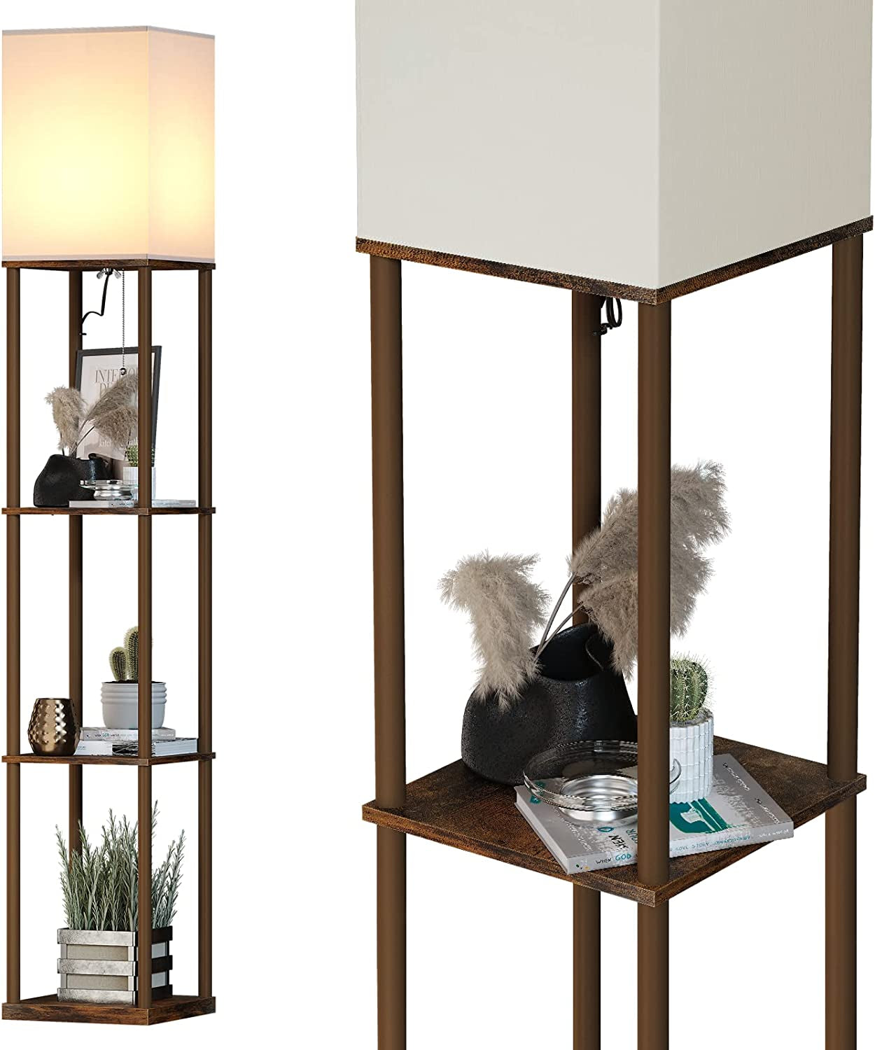 SUNMORY Floor Lamp with Shelves, Modern Square Standing Lamp with 3 Color Temperature Bulb, Corner Display Bookshelf Lamp for Living Room and Bedroom(Black)