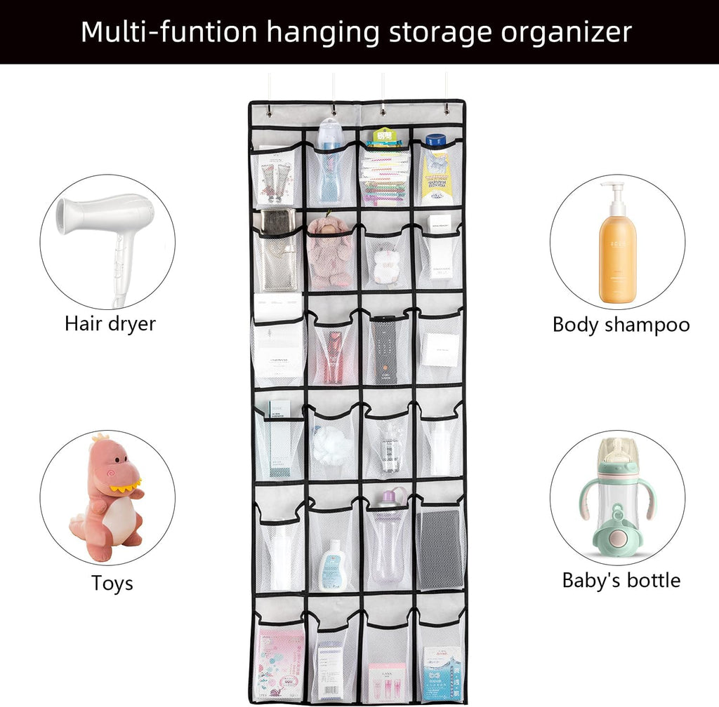 over the Door Shoe Organizer, Hanging Shoe Organizer with 24 Mesh Large Pockets Door Shoe Rack Organizer for Men Women Kids Hanging Shoe Storage Bag.(White)