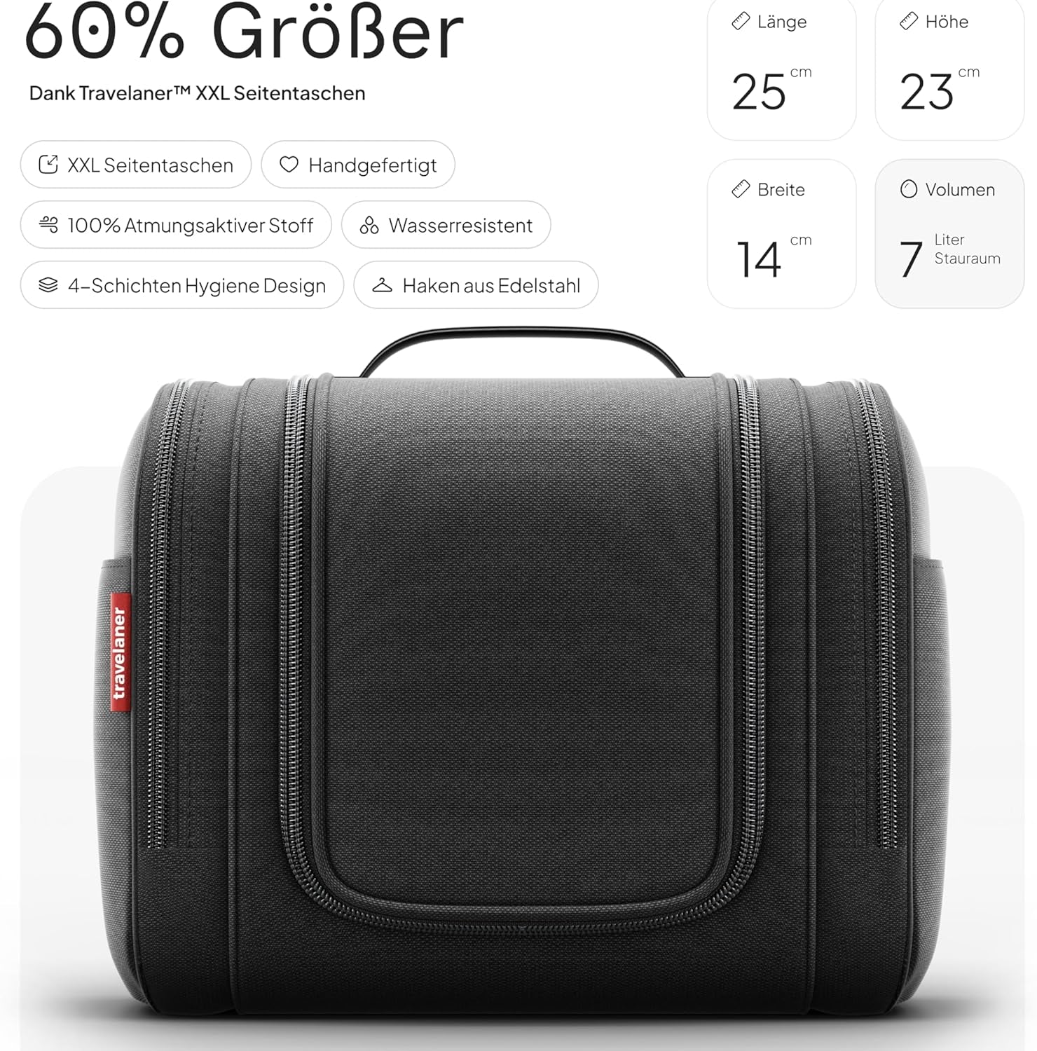 Kulturbeutel Zum Aufhängen Für Damen, Herren Und Kinder, 7 Liter Stauraum, 3-In-1 Kulturtasche, Kosmetiktasche Für Reise, Waschtasche, Waschbeutel, Wasserabweisend, Schwarz