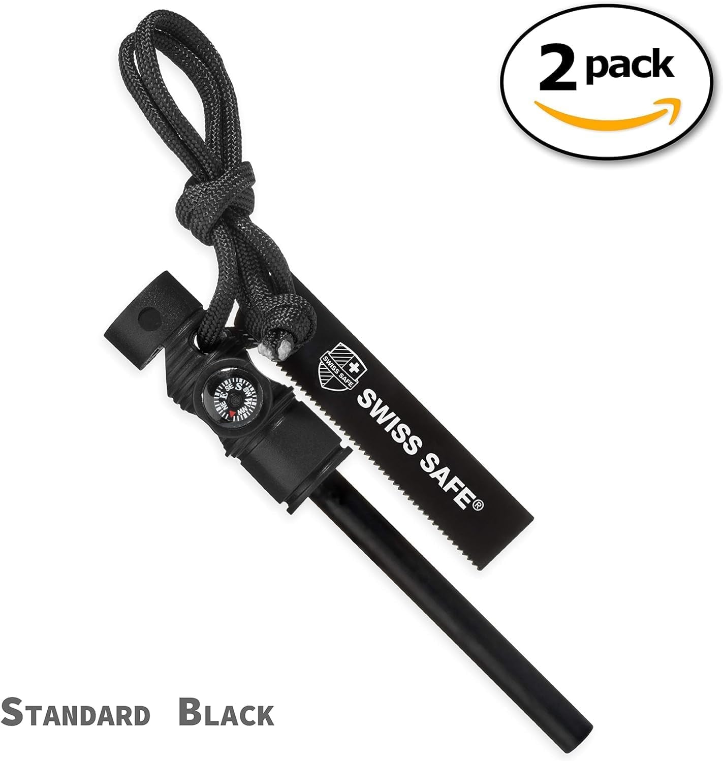 Swiss Safe 5-In-1 Magnesium Ferro Rod Fire Starter Survival Tool - Flint & Steel Striker, Compass, Paracord & Whistle - Emergency Kit for Backpacking, Camping, Hiking - All-Weather