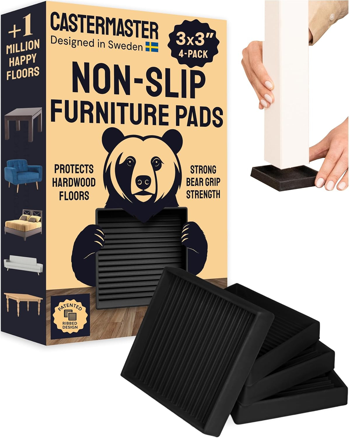 Castermaster Non-Slip Rubber Furniture Pads - 3 in X 3 in Set of 4 Brown - Floor Protectors for Hardwood Floors & Chairs - Grippers & Rubber Feet for Furniture