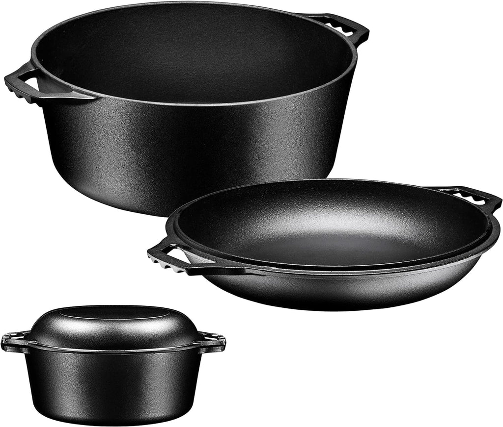 Bruntmor Pre-Seasoned Cast Iron Double Dutch Oven with Skillet Lid - 7 Quart All-In-One Casserole and Braising Pan - Heavy Duty and Oven Safe Black Cookware for Versatile Cooking - 14.7 X 6.9 Inches