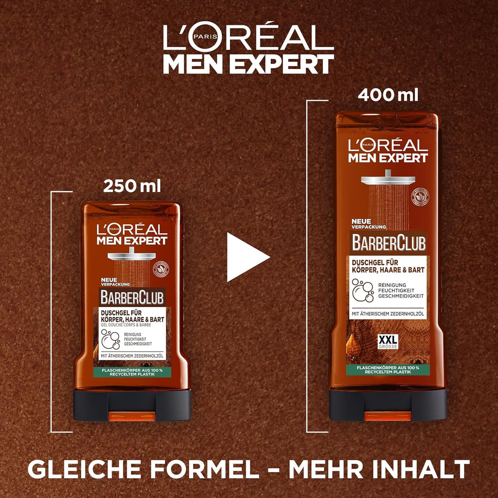 L'Oréal Men Expert XXL Duschgel Und Shampoo Für Männer, Duschbad Zur Reinigung Von Körper, Haar, Gesicht Und Bart, Herren Körperpflege Mit Holzigem Duft Und Zedernholzöl, Barber Club, 1 X 400 Ml