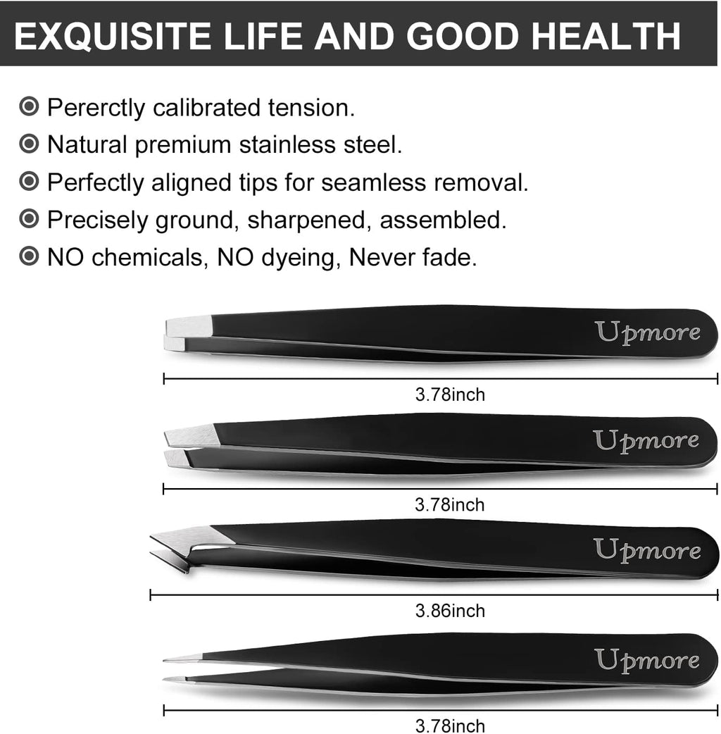Upmore 4X Pinzette Set Edelstahl - Schwarz Augenbrauenpinzette Set Schere Pinzette, Gerade Schräge Spitze Zupfpinzette Splitterpinzette Spitzpinzette Für Frauen Und Männer