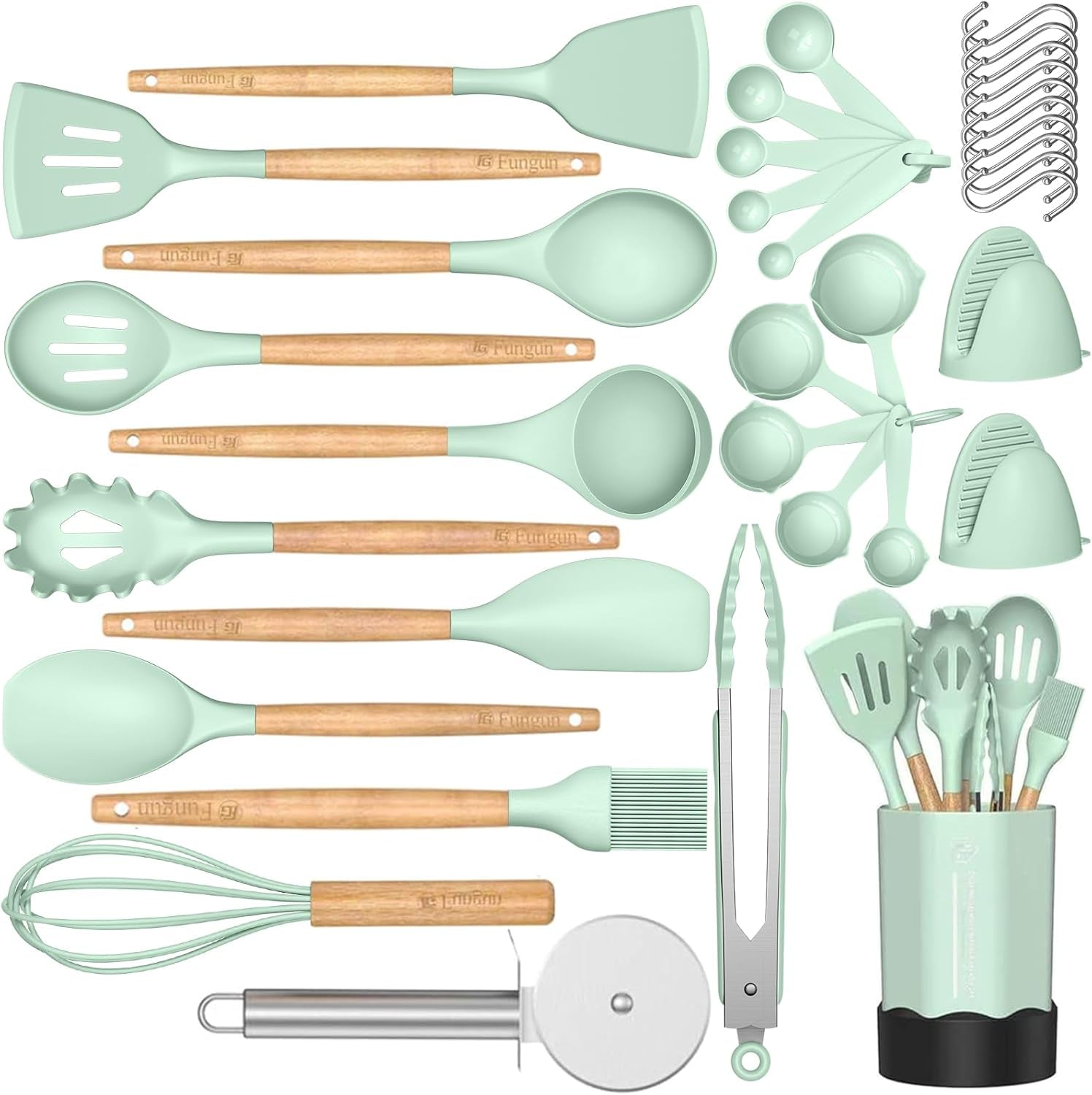Silicone Cooking Utensil Set, 35 Pcs Kitchen Utensils by Fungun, Non-Stick Heat Resistant Kitchen Gadgets Cookware with Natural Wooden Handle -(Gray)