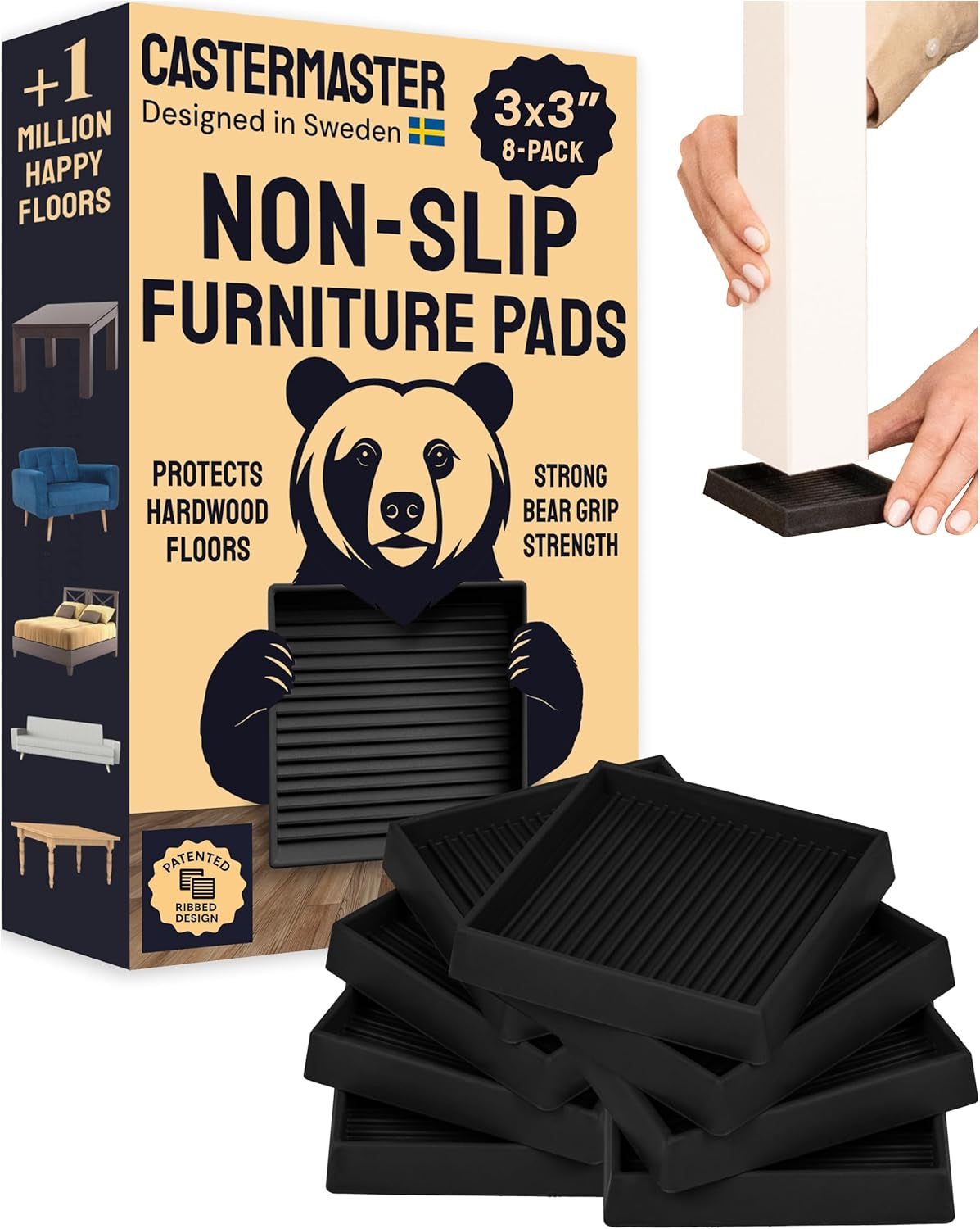 Castermaster Non-Slip Rubber Furniture Pads - 3 in X 3 in Set of 4 Brown - Floor Protectors for Hardwood Floors & Chairs - Grippers & Rubber Feet for Furniture