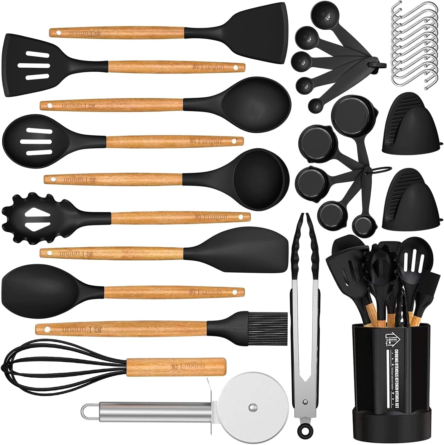 Silicone Cooking Utensil Set, 35 Pcs Kitchen Utensils by Fungun, Non-Stick Heat Resistant Kitchen Gadgets Cookware with Natural Wooden Handle -(Gray)