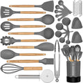 Silicone Cooking Utensil Set, 35 Pcs Kitchen Utensils by Fungun, Non-Stick Heat Resistant Kitchen Gadgets Cookware with Natural Wooden Handle -(Gray)