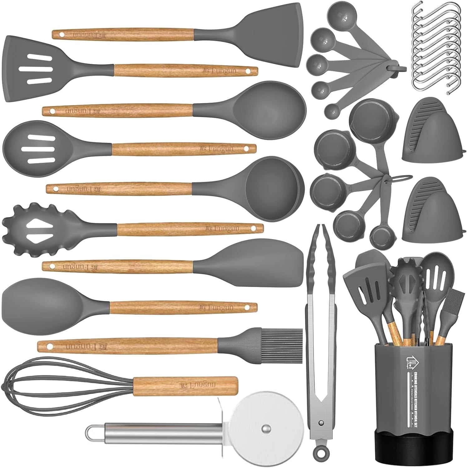 Silicone Cooking Utensil Set, 35 Pcs Kitchen Utensils by Fungun, Non-Stick Heat Resistant Kitchen Gadgets Cookware with Natural Wooden Handle -(Gray)