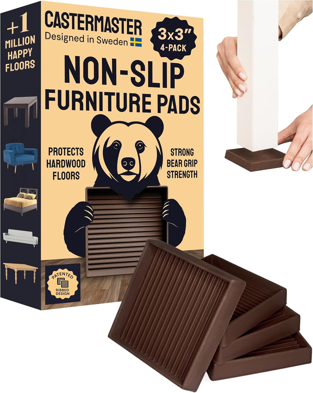 Castermaster Non-Slip Rubber Furniture Pads - 3 in X 3 in Set of 4 Brown - Floor Protectors for Hardwood Floors & Chairs - Grippers & Rubber Feet for Furniture
