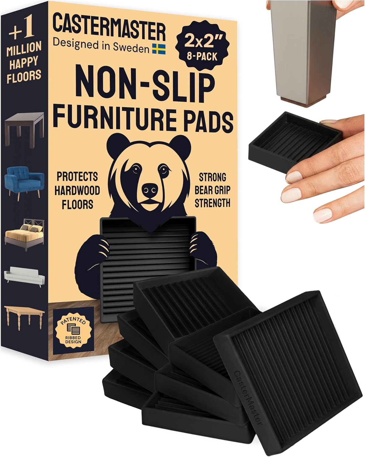 Castermaster Non-Slip Rubber Furniture Pads - 3 in X 3 in Set of 4 Brown - Floor Protectors for Hardwood Floors & Chairs - Grippers & Rubber Feet for Furniture