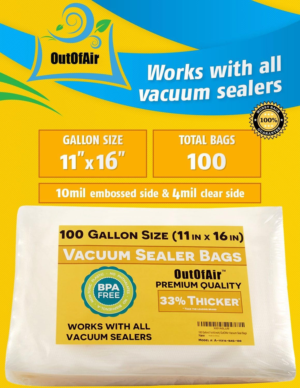 100 Vacuum Sealer Bags: Gallon Size (11" X 16") by Outofair Works with Foodsaver & Other Machines - 33% Thicker BPA Free, Commercial Grade, 11 X 16 Inches