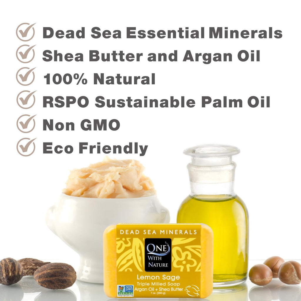 One with Nature Dead Sea Salt Lemon Sage Soap 4Oz 3-Pack – Purifying and Exfoliating Soap Bar with Dead Sea Minerals for Face & Body, for Men & Women