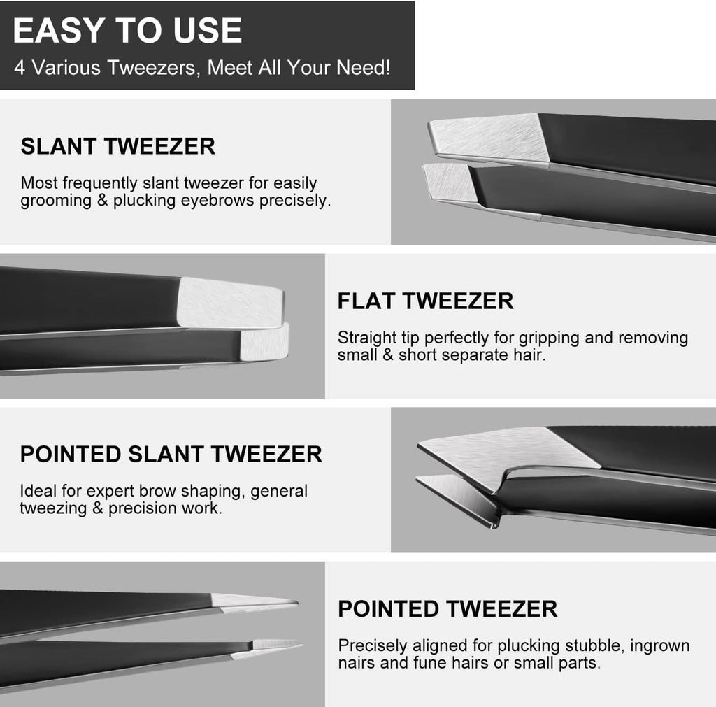 Upmore 4X Pinzette Set Edelstahl - Schwarz Augenbrauenpinzette Set Schere Pinzette, Gerade Schräge Spitze Zupfpinzette Splitterpinzette Spitzpinzette Für Frauen Und Männer