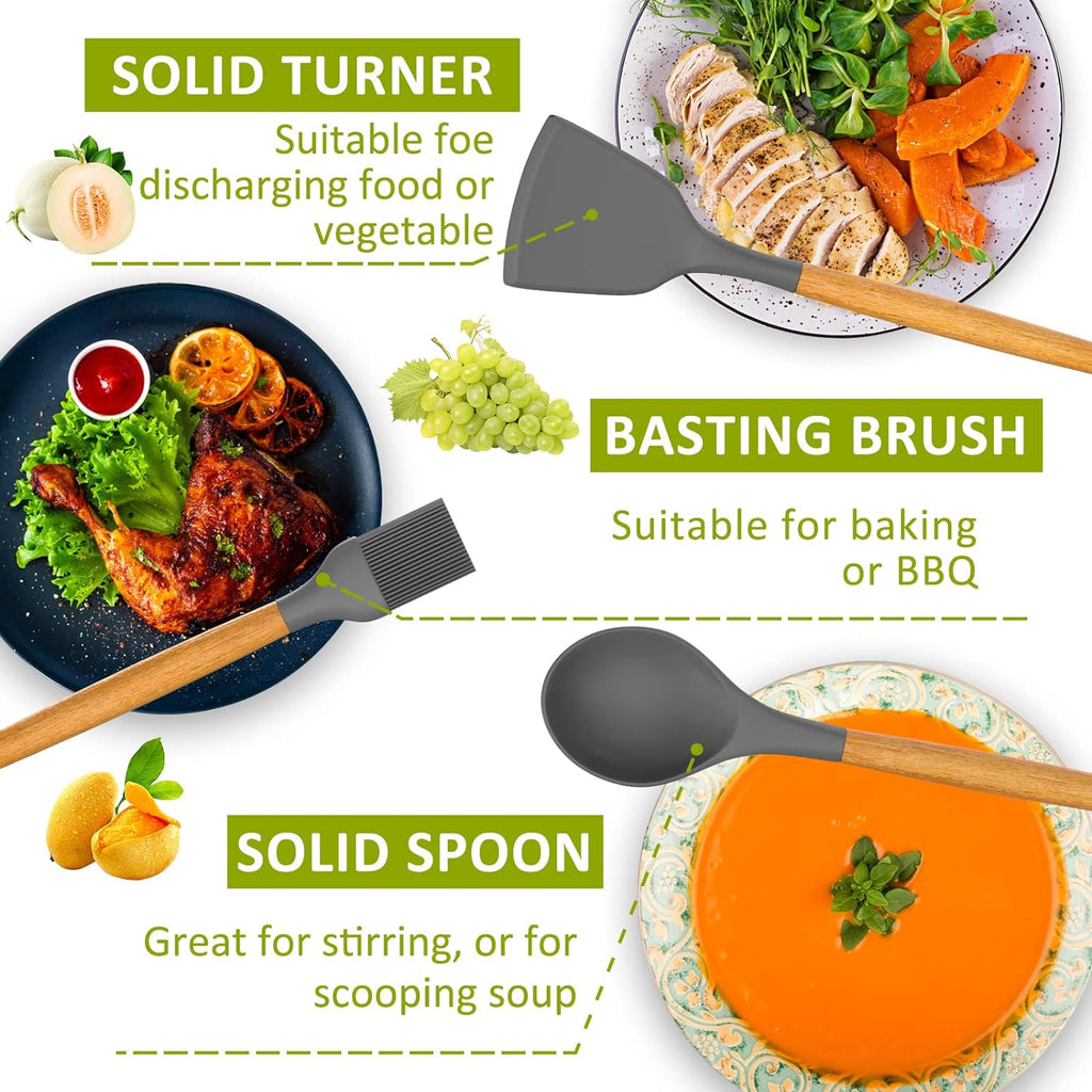 Silicone Cooking Utensil Set, 35 Pcs Kitchen Utensils by Fungun, Non-Stick Heat Resistant Kitchen Gadgets Cookware with Natural Wooden Handle -(Gray)