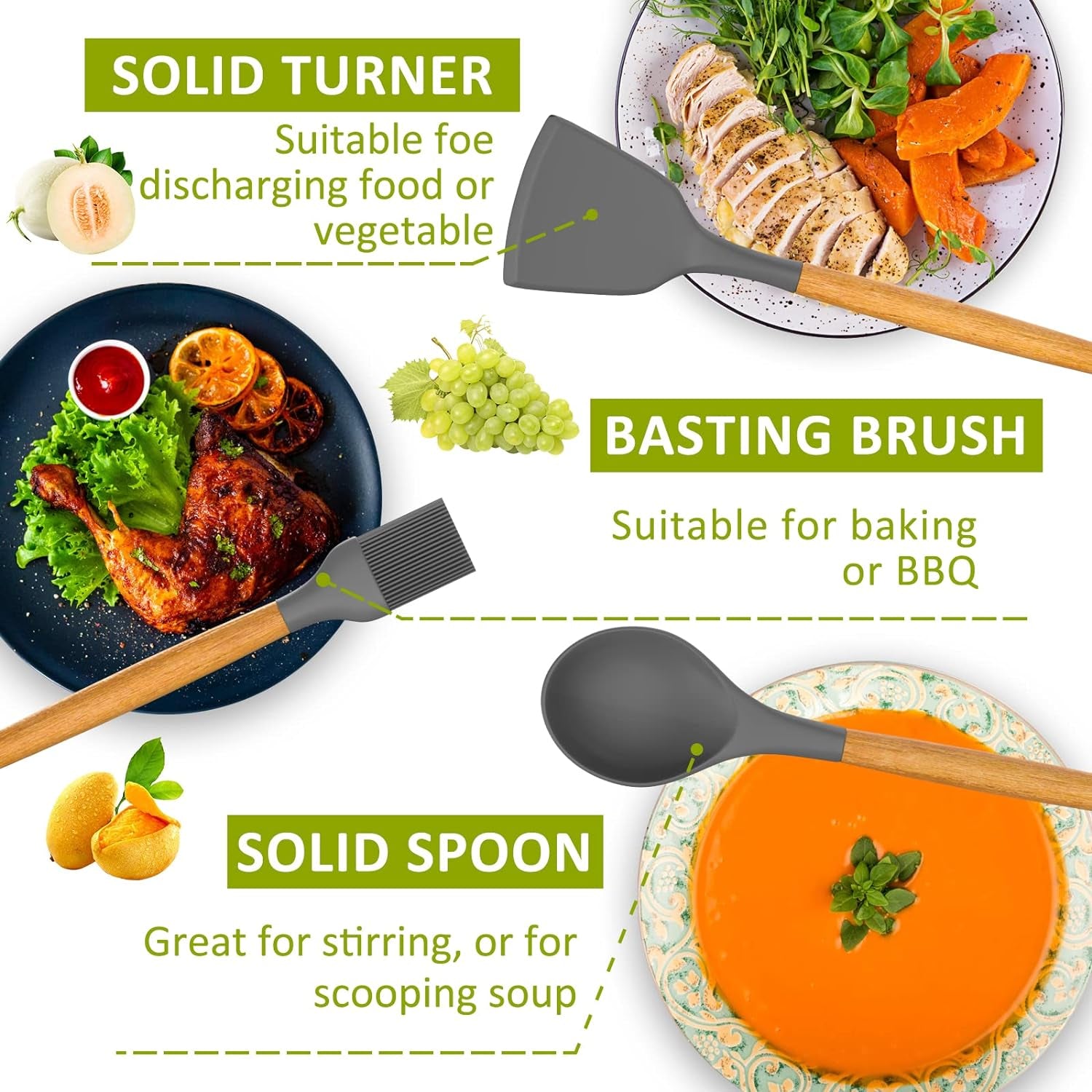 Silicone Cooking Utensil Set, 35 Pcs Kitchen Utensils by Fungun, Non-Stick Heat Resistant Kitchen Gadgets Cookware with Natural Wooden Handle -(Gray)