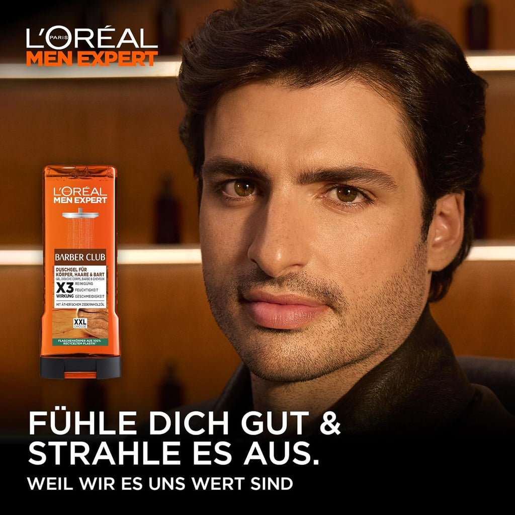 L'Oréal Men Expert XXL Duschgel Und Shampoo Für Männer, Duschbad Zur Reinigung Von Körper, Haar, Gesicht Und Bart, Herren Körperpflege Mit Holzigem Duft Und Zedernholzöl, Barber Club, 1 X 400 Ml