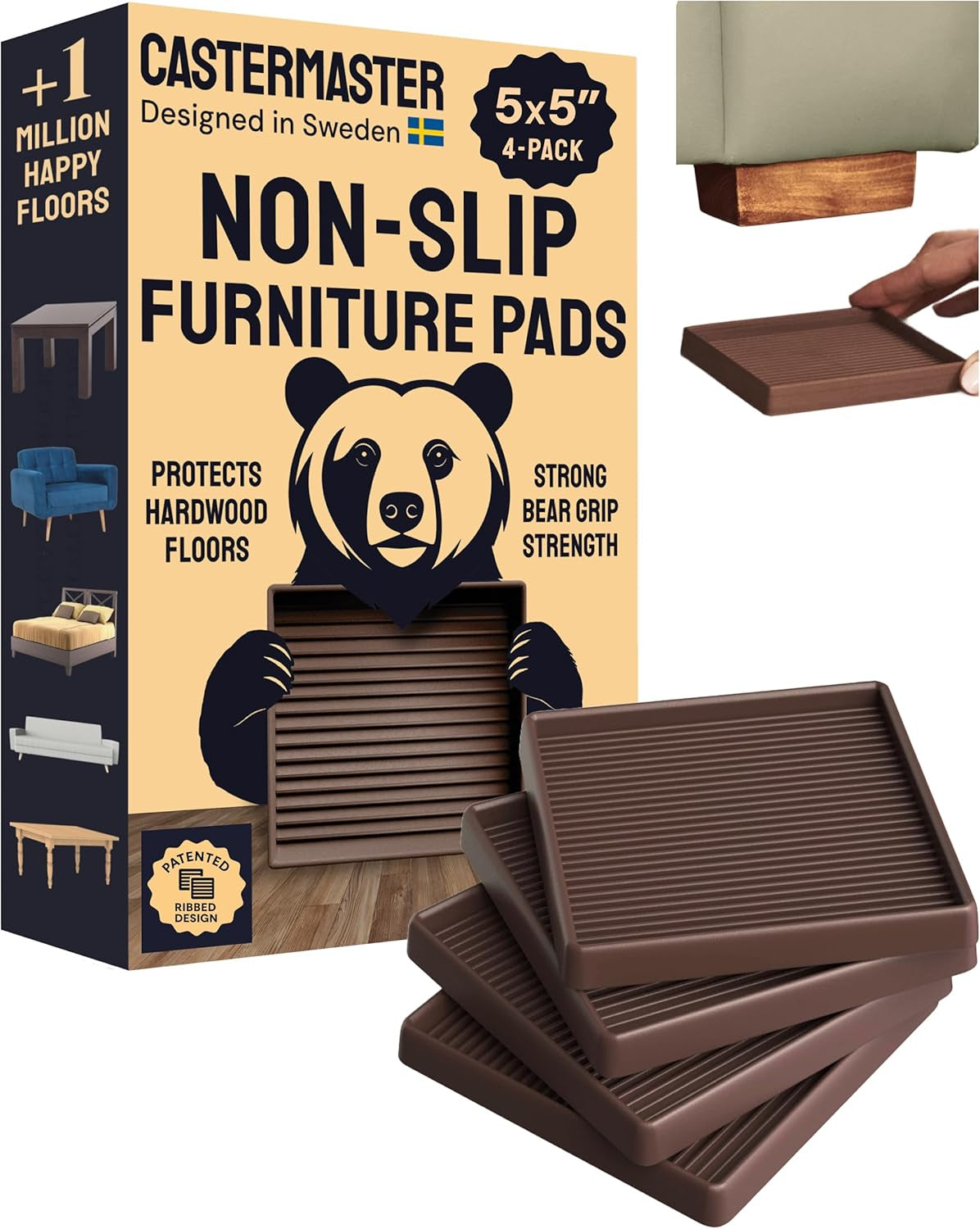 Castermaster Non-Slip Rubber Furniture Pads - 3 in X 3 in Set of 4 Brown - Floor Protectors for Hardwood Floors & Chairs - Grippers & Rubber Feet for Furniture