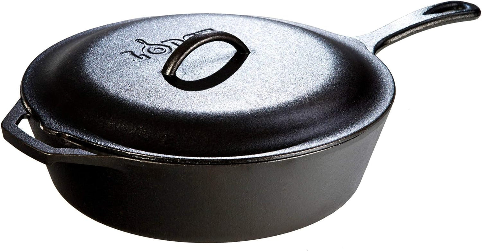 Lodge 5 Quart Pre-Seasoned Cast Iron Deep Skillet with Lid - Signature Teardrop Handle & Assist Handle - Use in the Oven, on the Stove or Grill, or over a Campfire - Use to Sear, Sauté, Bake, Broil, Braise, Fry, or Grill - Black