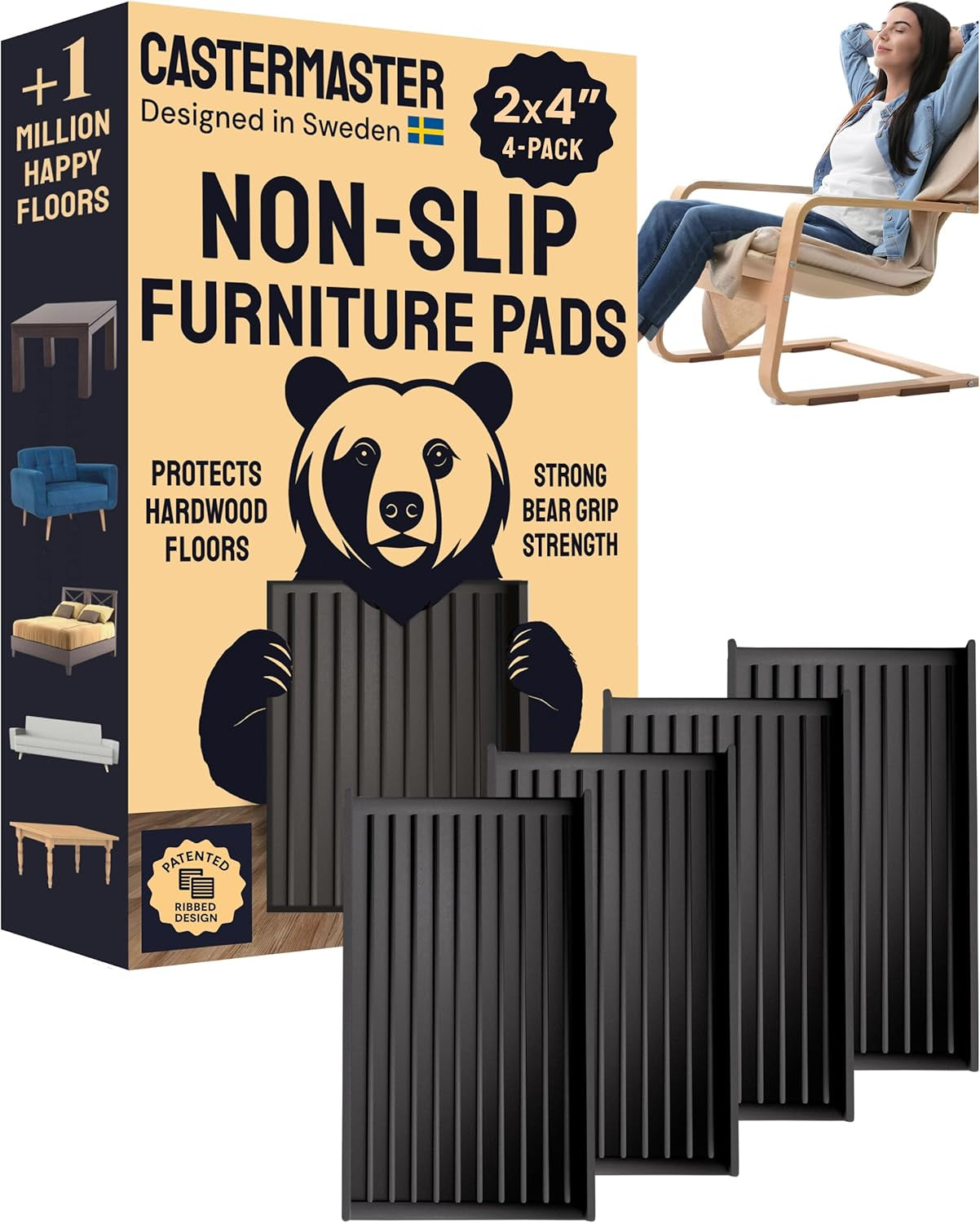 Castermaster Non-Slip Rubber Furniture Pads - 3 in X 3 in Set of 4 Brown - Floor Protectors for Hardwood Floors & Chairs - Grippers & Rubber Feet for Furniture