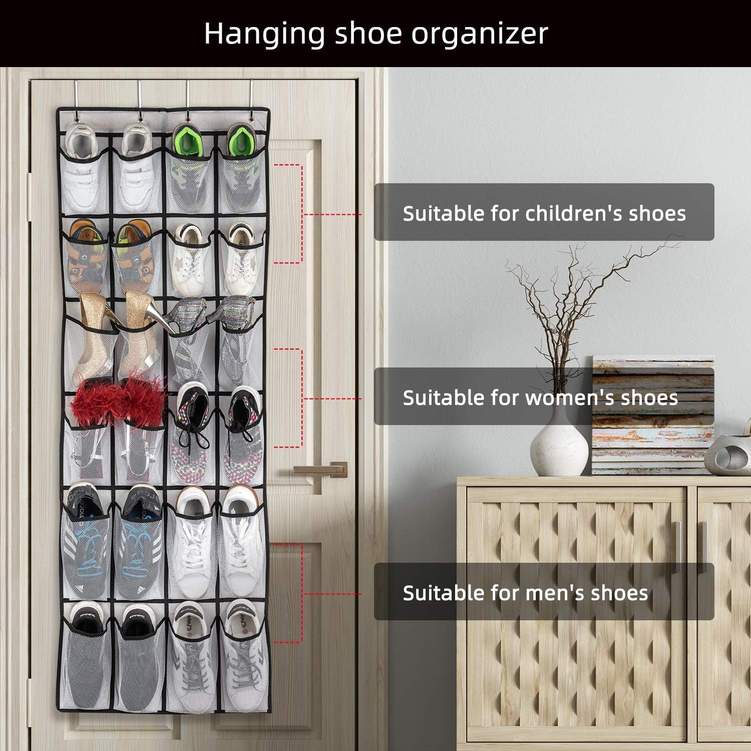 over the Door Shoe Organizer, Hanging Shoe Organizer with 24 Mesh Large Pockets Door Shoe Rack Organizer for Men Women Kids Hanging Shoe Storage Bag.(White)