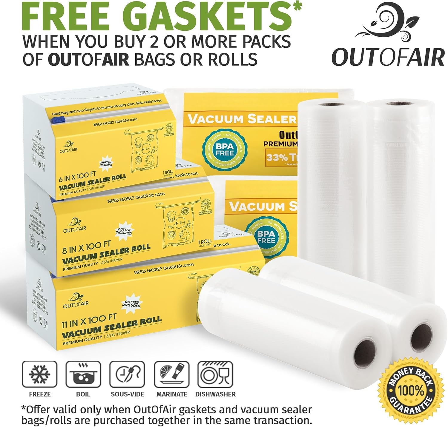 100 Vacuum Sealer Bags: Gallon Size (11" X 16") by Outofair Works with Foodsaver & Other Machines - 33% Thicker BPA Free, Commercial Grade, 11 X 16 Inches