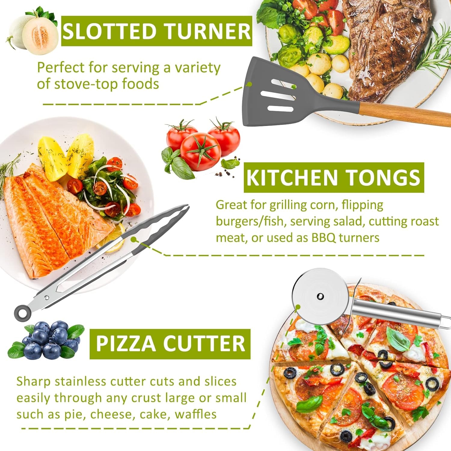 Silicone Cooking Utensil Set, 35 Pcs Kitchen Utensils by Fungun, Non-Stick Heat Resistant Kitchen Gadgets Cookware with Natural Wooden Handle -(Gray)