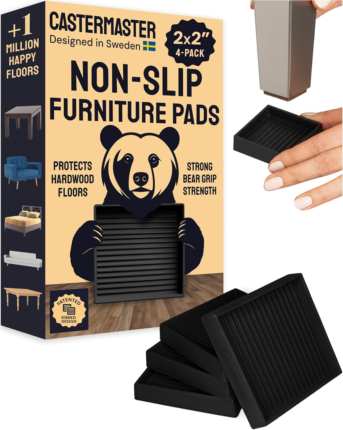 Castermaster Non-Slip Rubber Furniture Pads - 3 in X 3 in Set of 4 Brown - Floor Protectors for Hardwood Floors & Chairs - Grippers & Rubber Feet for Furniture