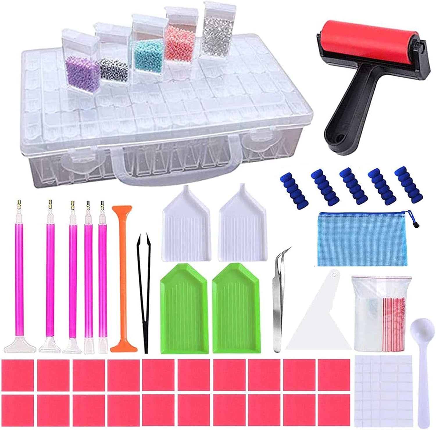 Diamond Painting Zubehör,52Tlg DIY 5D Diamond Painting Werkzeug Set,Diamant Malerei Werkzeuge Kits Diamant Stifte Zubehör Mit Stift, Pinzette, Taschen,Klebeton,Kunststoffschale (With Roller)