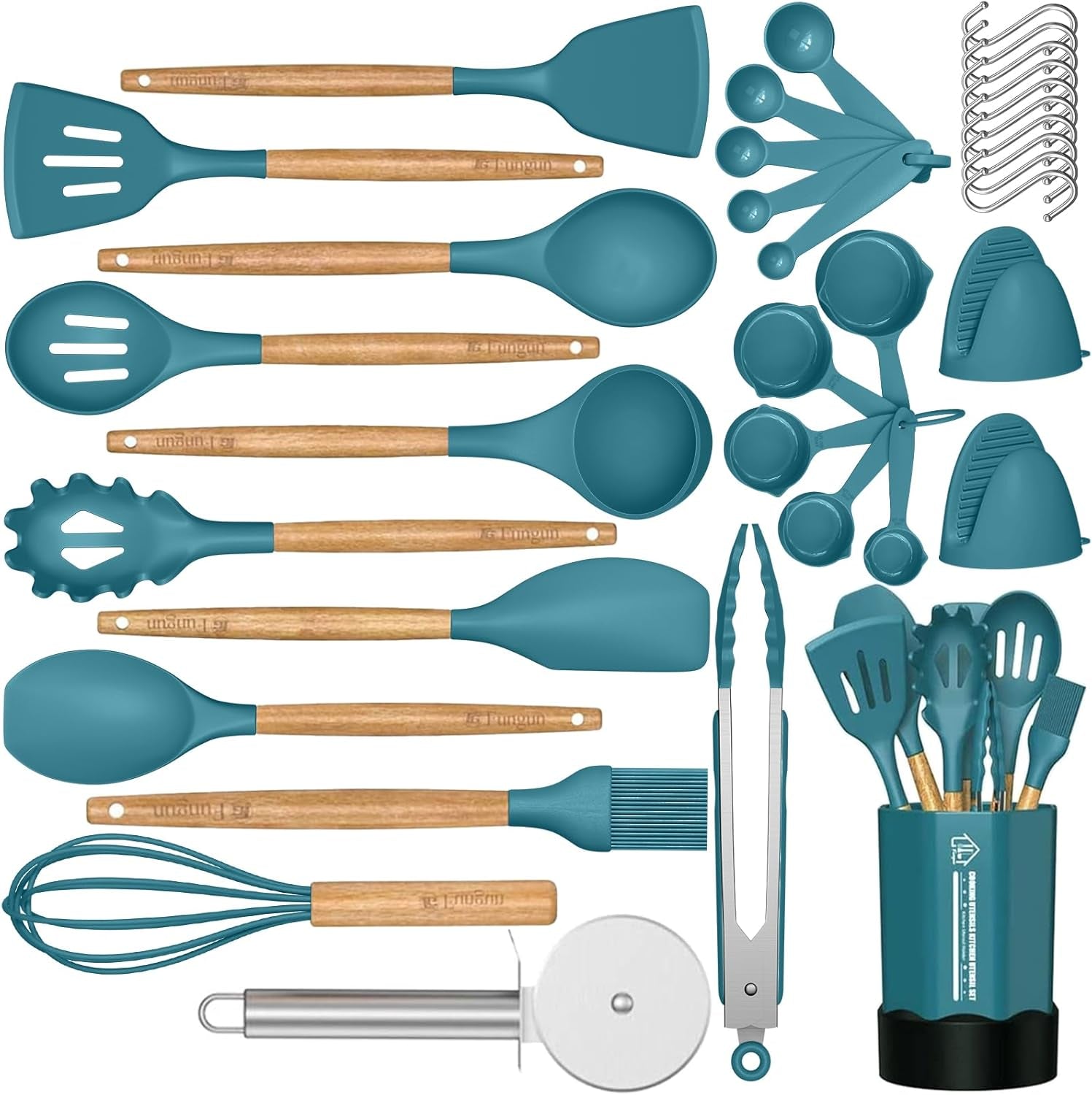 Silicone Cooking Utensil Set, 35 Pcs Kitchen Utensils by Fungun, Non-Stick Heat Resistant Kitchen Gadgets Cookware with Natural Wooden Handle -(Gray)