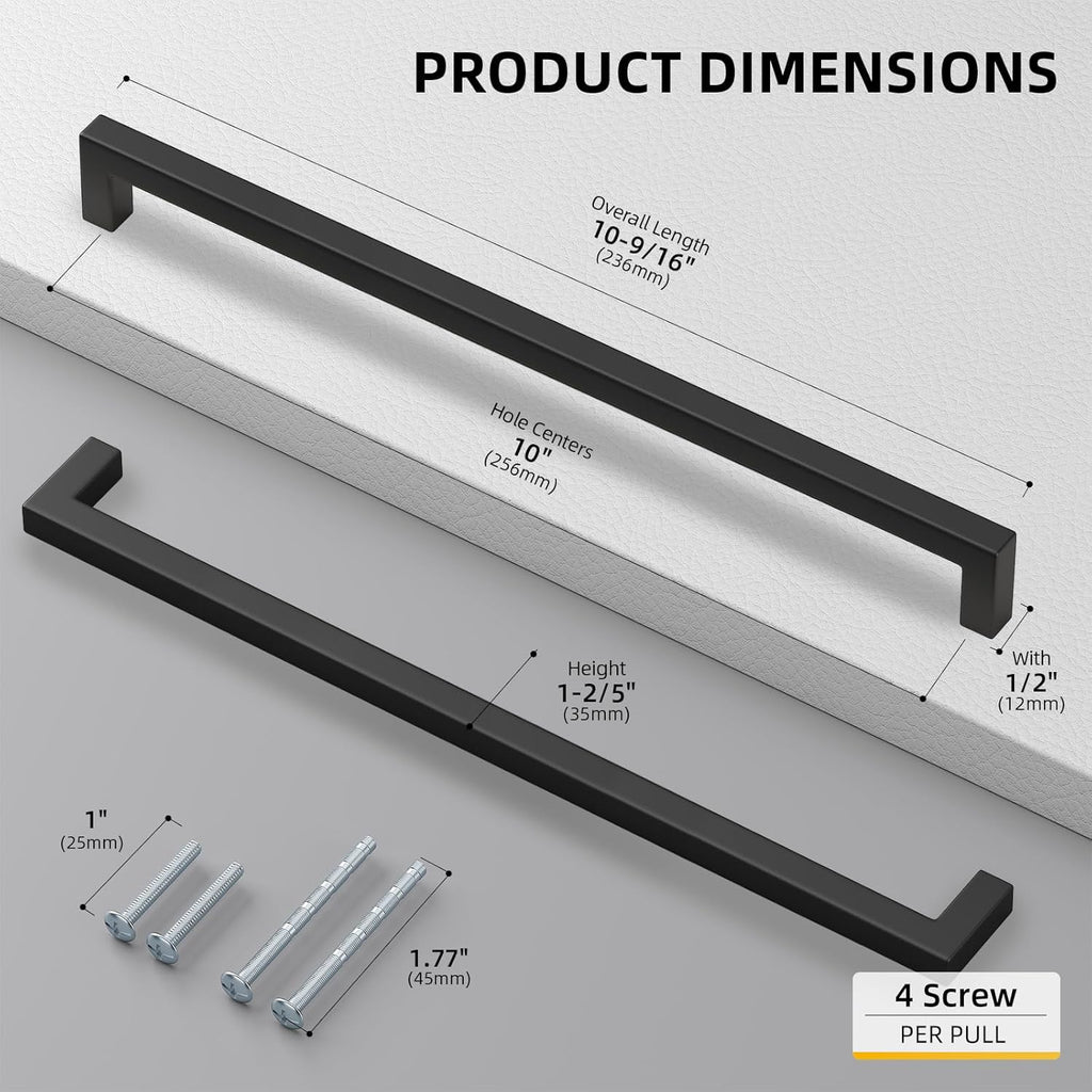 Goldenwarm 10 Pack Black Square Bar Cabinet Pull Drawer Handle Stainless Steel Modern Hardware for Kitchen and Bathroom Cabinets Cupboard,Center to Center 10In(256Mm) Black Drawer Pulls