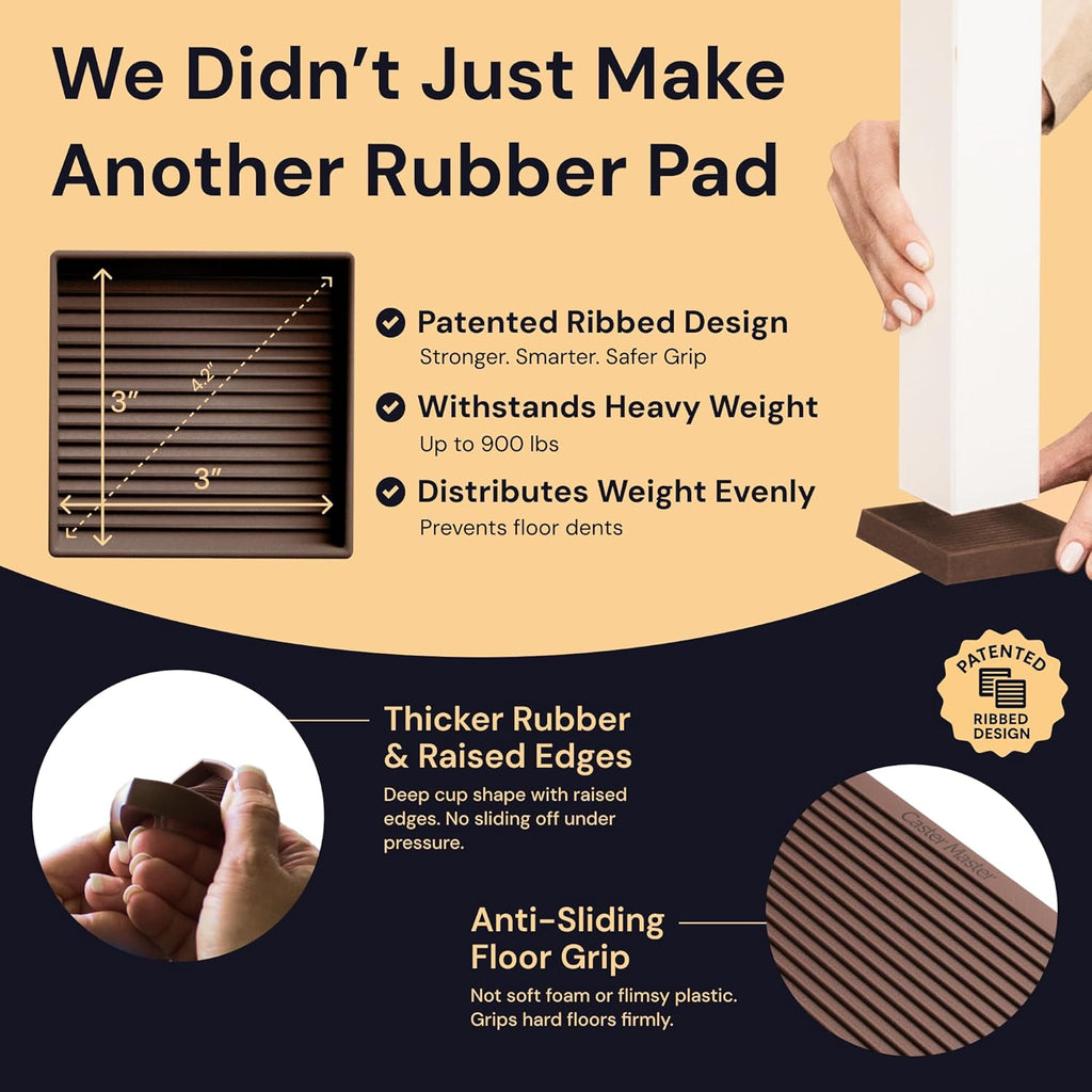 Castermaster Non-Slip Rubber Furniture Pads - 3 in X 3 in Set of 4 Brown - Floor Protectors for Hardwood Floors & Chairs - Grippers & Rubber Feet for Furniture