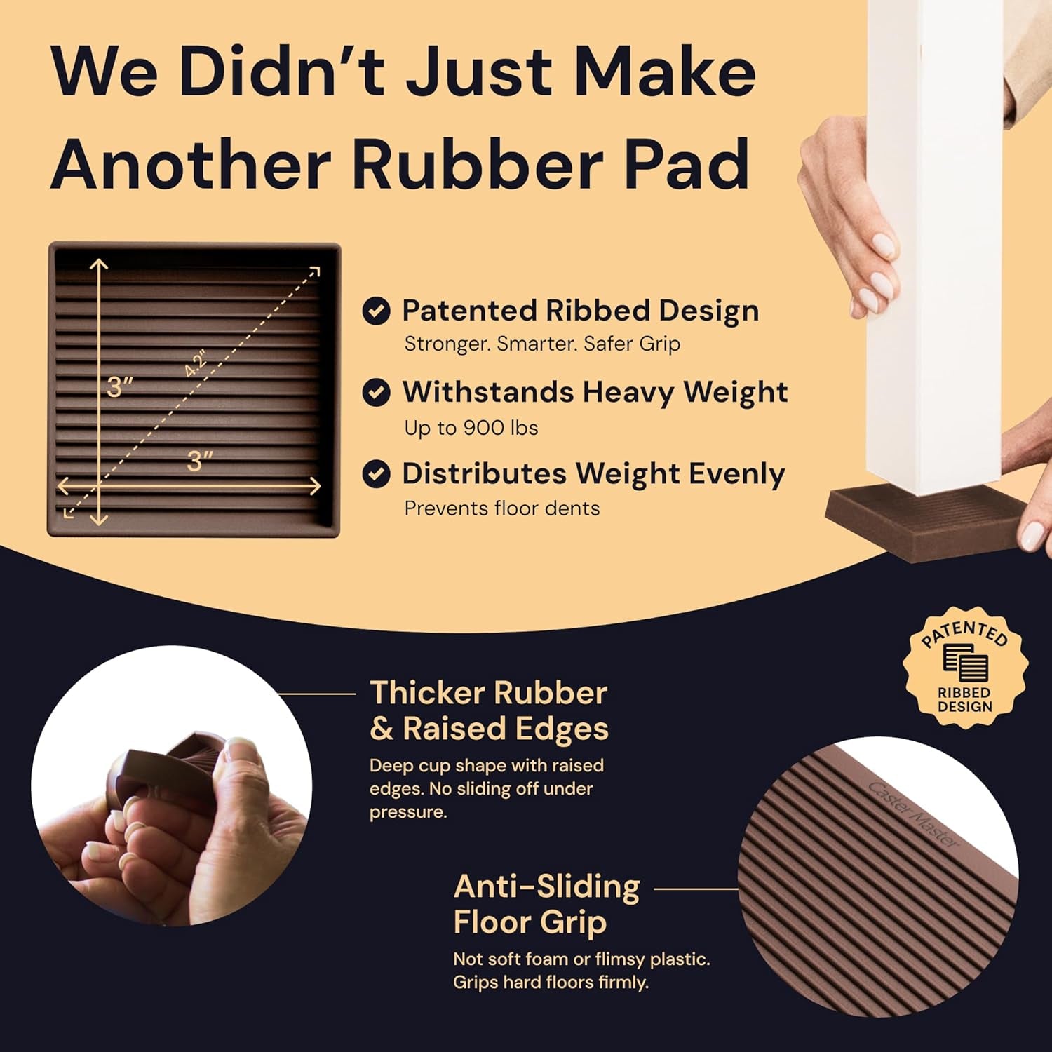 Castermaster Non-Slip Rubber Furniture Pads - 3 in X 3 in Set of 4 Brown - Floor Protectors for Hardwood Floors & Chairs - Grippers & Rubber Feet for Furniture