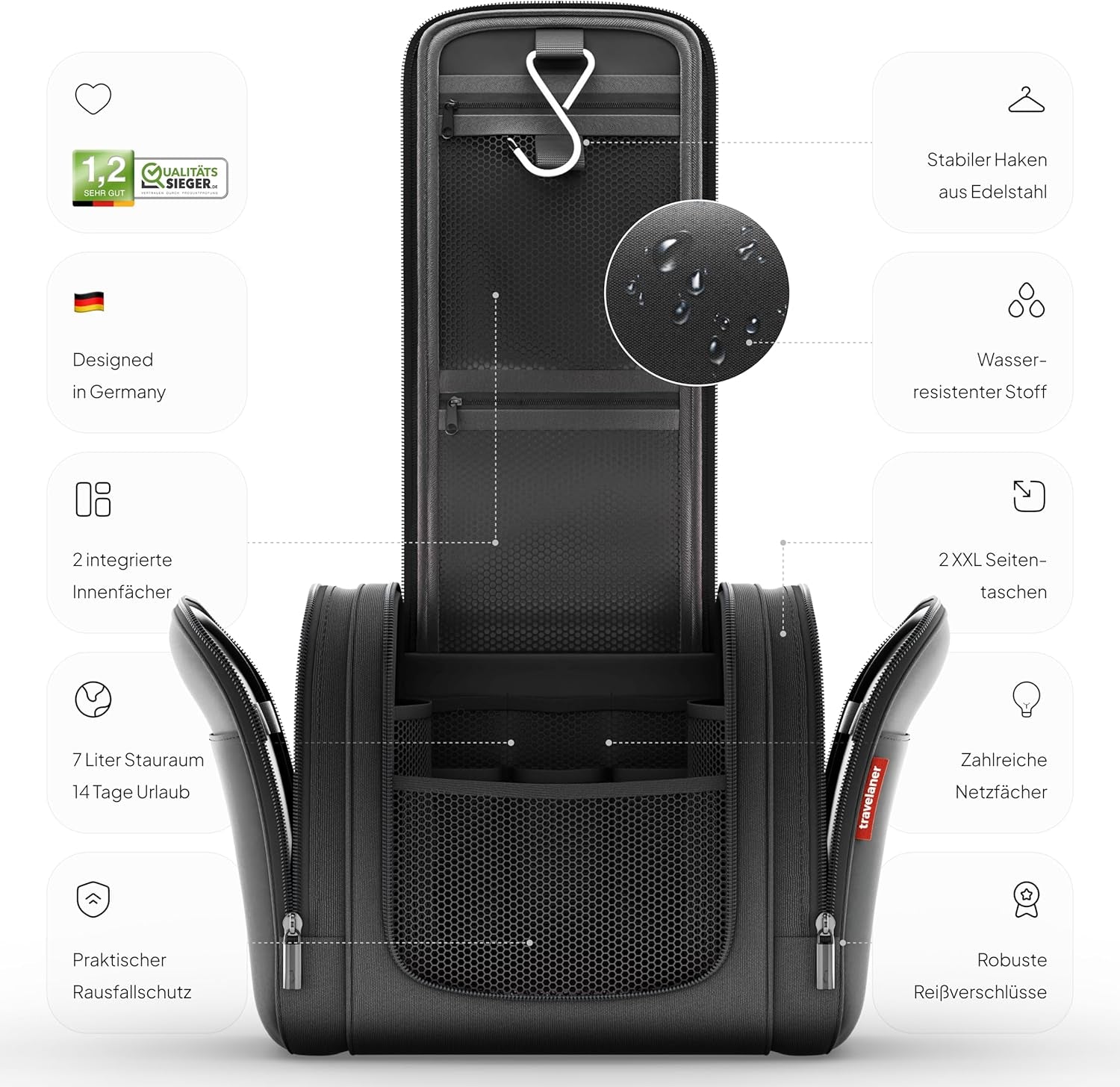 Kulturbeutel Zum Aufhängen Für Damen, Herren Und Kinder, 7 Liter Stauraum, 3-In-1 Kulturtasche, Kosmetiktasche Für Reise, Waschtasche, Waschbeutel, Wasserabweisend, Schwarz