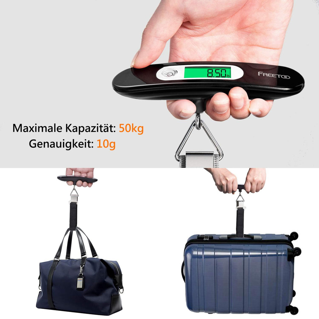 FREETOO Gepäckwaage Tragbare Digitale Kofferwaage Lcd-Anzeige Mit Hintergrundbeleuchtung Tara-Funktion Praktisch Für Reisen/Familienleben Bis 50KG (Schwarz)