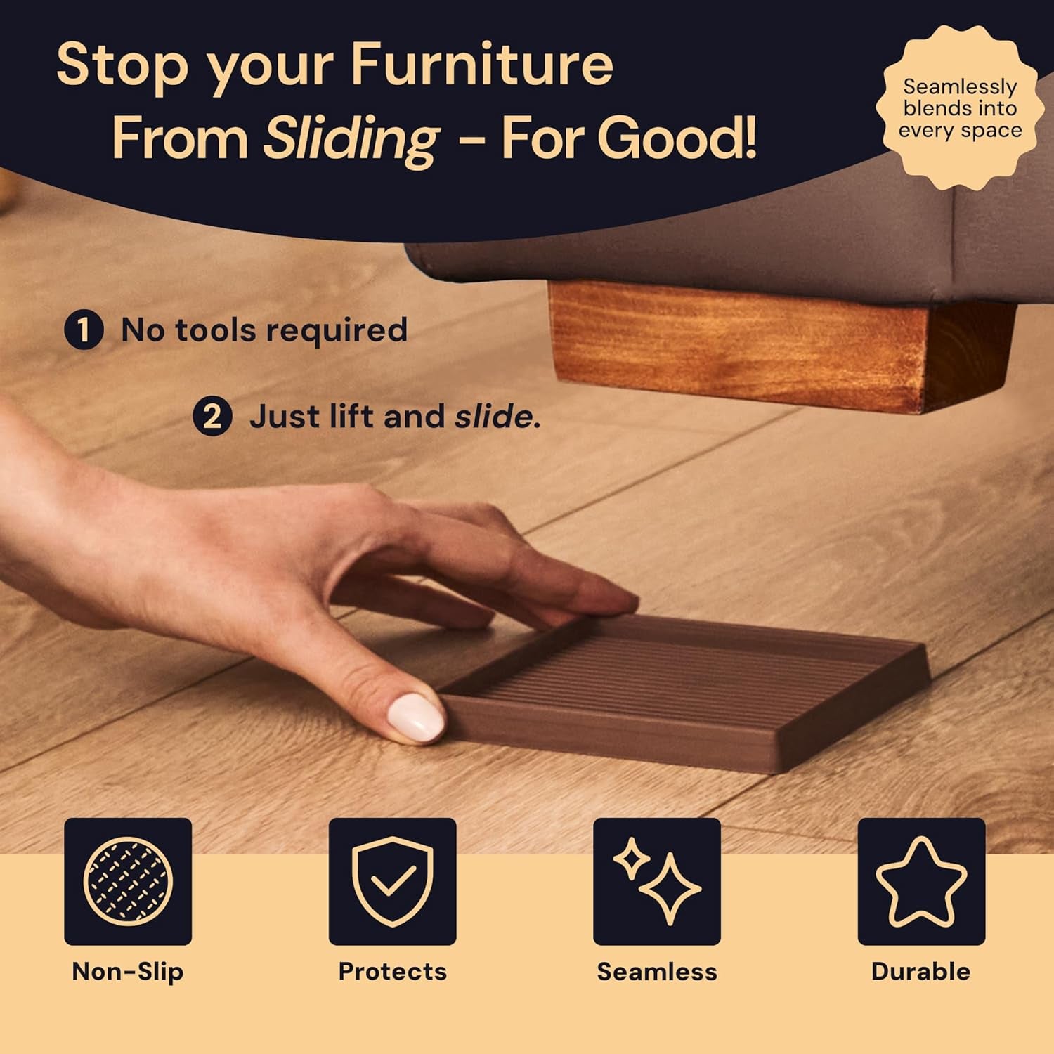 Castermaster Non-Slip Rubber Furniture Pads - 3 in X 3 in Set of 4 Brown - Floor Protectors for Hardwood Floors & Chairs - Grippers & Rubber Feet for Furniture