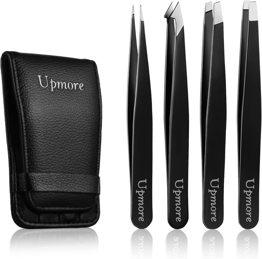 Upmore 4X Pinzette Set Edelstahl - Schwarz Augenbrauenpinzette Set Schere Pinzette, Gerade Schräge Spitze Zupfpinzette Splitterpinzette Spitzpinzette Für Frauen Und Männer