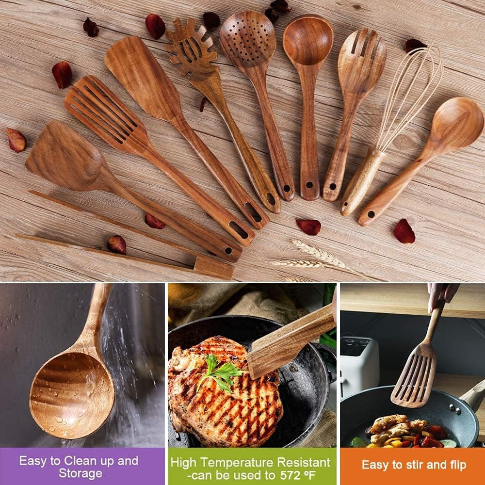 10 Pack Wooden Utensils for Cooking, Wood Utensil Set for Kitchen, Teak Wooden Spoon for Cooking, Non-Stick Spatula Ladle
