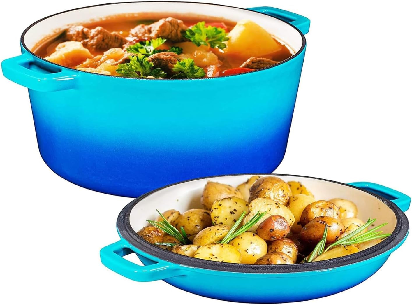 Bruntmor Pre-Seasoned Cast Iron Double Dutch Oven with Skillet Lid - 7 Quart All-In-One Casserole and Braising Pan - Heavy Duty and Oven Safe Black Cookware for Versatile Cooking - 14.7 X 6.9 Inches