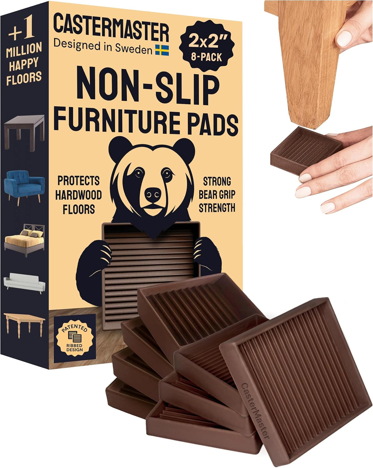 Castermaster Non-Slip Rubber Furniture Pads - 3 in X 3 in Set of 4 Brown - Floor Protectors for Hardwood Floors & Chairs - Grippers & Rubber Feet for Furniture