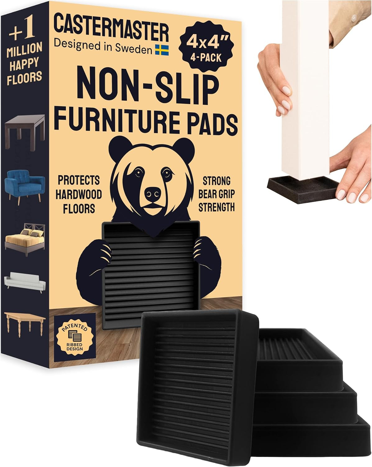Castermaster Non-Slip Rubber Furniture Pads - 3 in X 3 in Set of 4 Brown - Floor Protectors for Hardwood Floors & Chairs - Grippers & Rubber Feet for Furniture