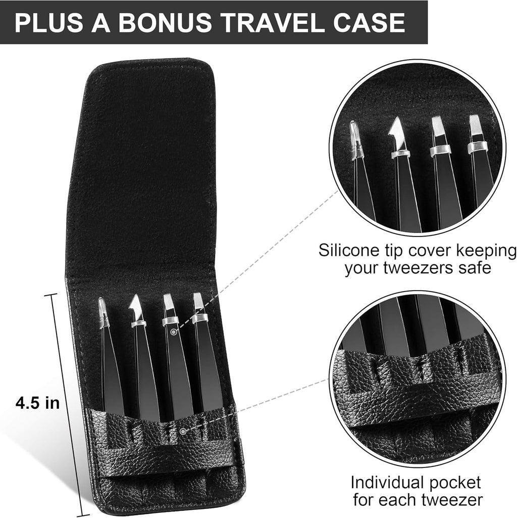 Upmore 4X Pinzette Set Edelstahl - Schwarz Augenbrauenpinzette Set Schere Pinzette, Gerade Schräge Spitze Zupfpinzette Splitterpinzette Spitzpinzette Für Frauen Und Männer