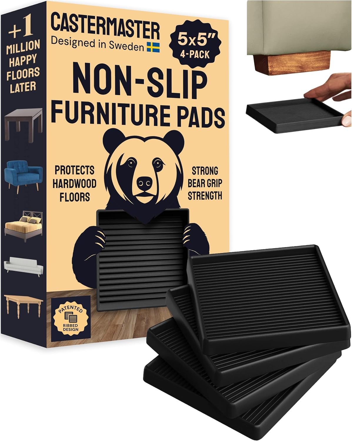Castermaster Non-Slip Rubber Furniture Pads - 3 in X 3 in Set of 4 Brown - Floor Protectors for Hardwood Floors & Chairs - Grippers & Rubber Feet for Furniture