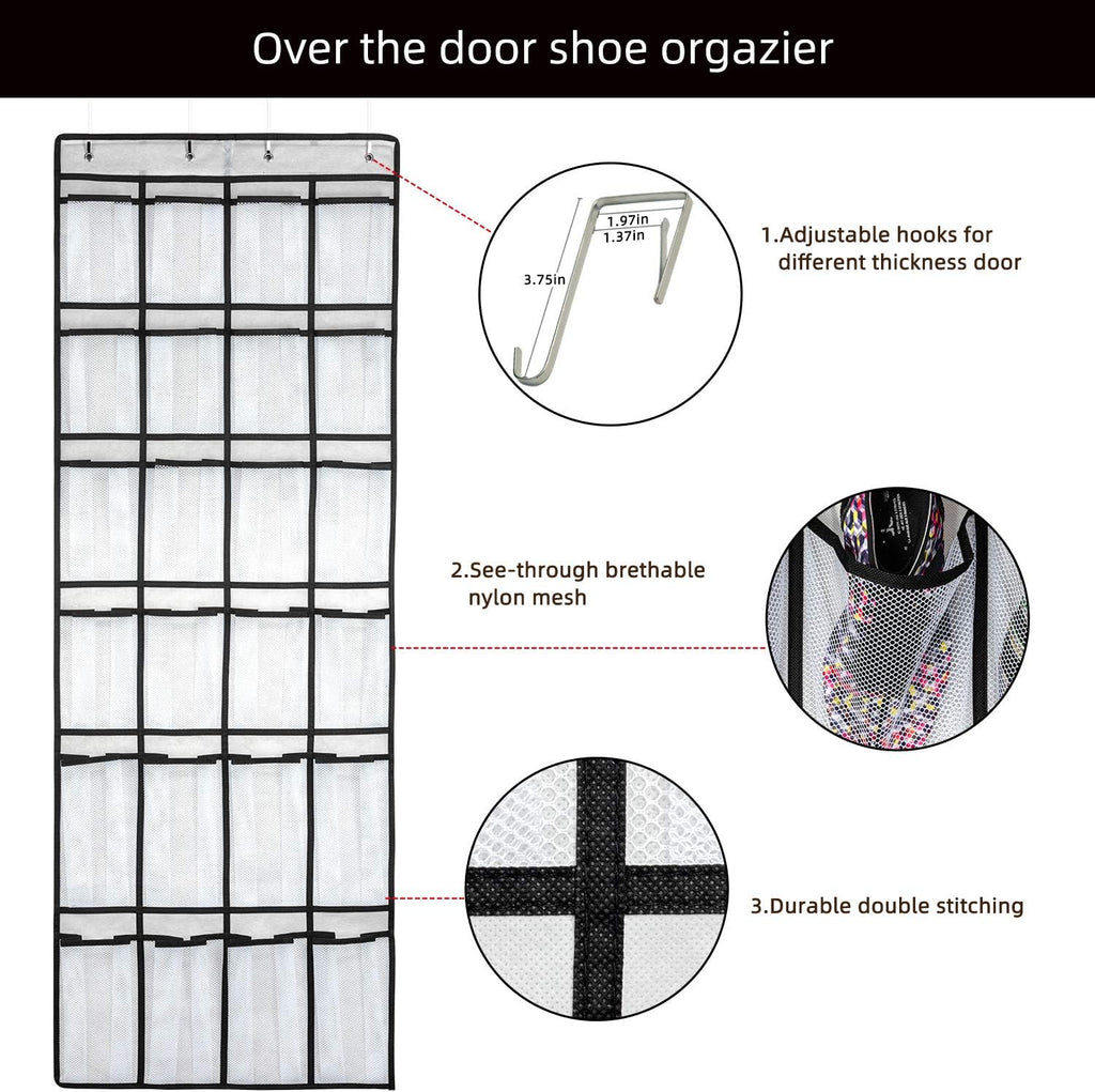 over the Door Shoe Organizer, Hanging Shoe Organizer with 24 Mesh Large Pockets Door Shoe Rack Organizer for Men Women Kids Hanging Shoe Storage Bag.(White)