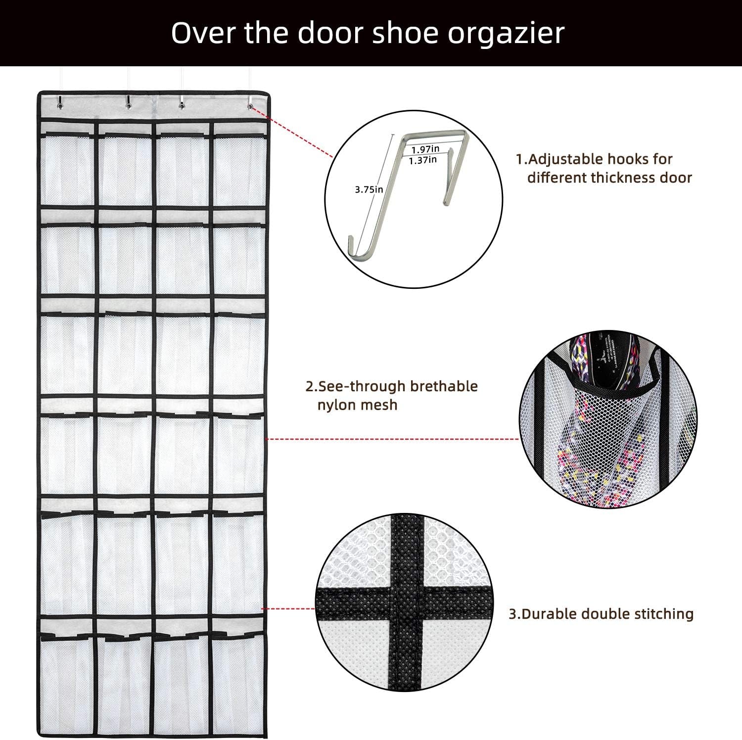 over the Door Shoe Organizer, Hanging Shoe Organizer with 24 Mesh Large Pockets Door Shoe Rack Organizer for Men Women Kids Hanging Shoe Storage Bag.(White)