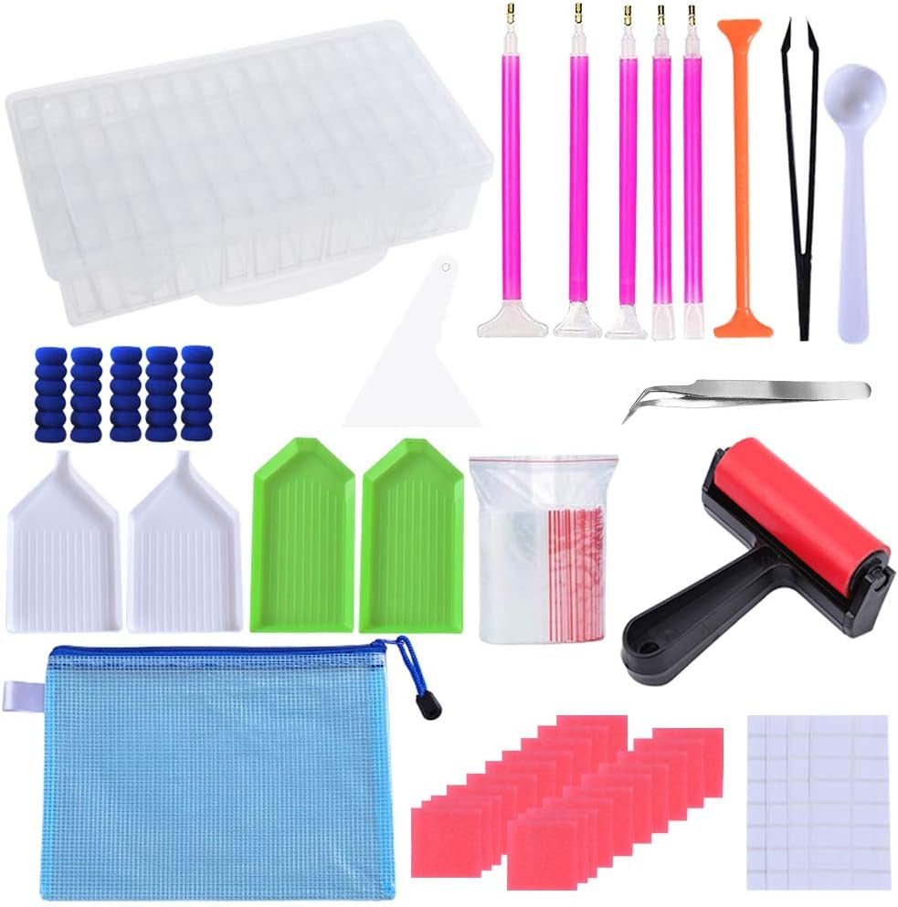Diamond Painting Zubehör,52Tlg DIY 5D Diamond Painting Werkzeug Set,Diamant Malerei Werkzeuge Kits Diamant Stifte Zubehör Mit Stift, Pinzette, Taschen,Klebeton,Kunststoffschale (With Roller)