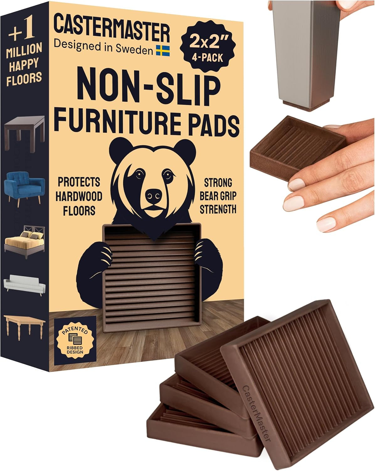 Castermaster Non-Slip Rubber Furniture Pads - 3 in X 3 in Set of 4 Brown - Floor Protectors for Hardwood Floors & Chairs - Grippers & Rubber Feet for Furniture