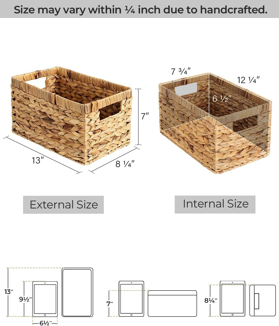 Wicker Storage Baskets for Shelves, Large Shelf Baskets with Handles, Rectangular Wicker Storage Boxes, Woven Basket for Organising Pantry Bathroom, Natural Water Hyacinth, 2-Pack