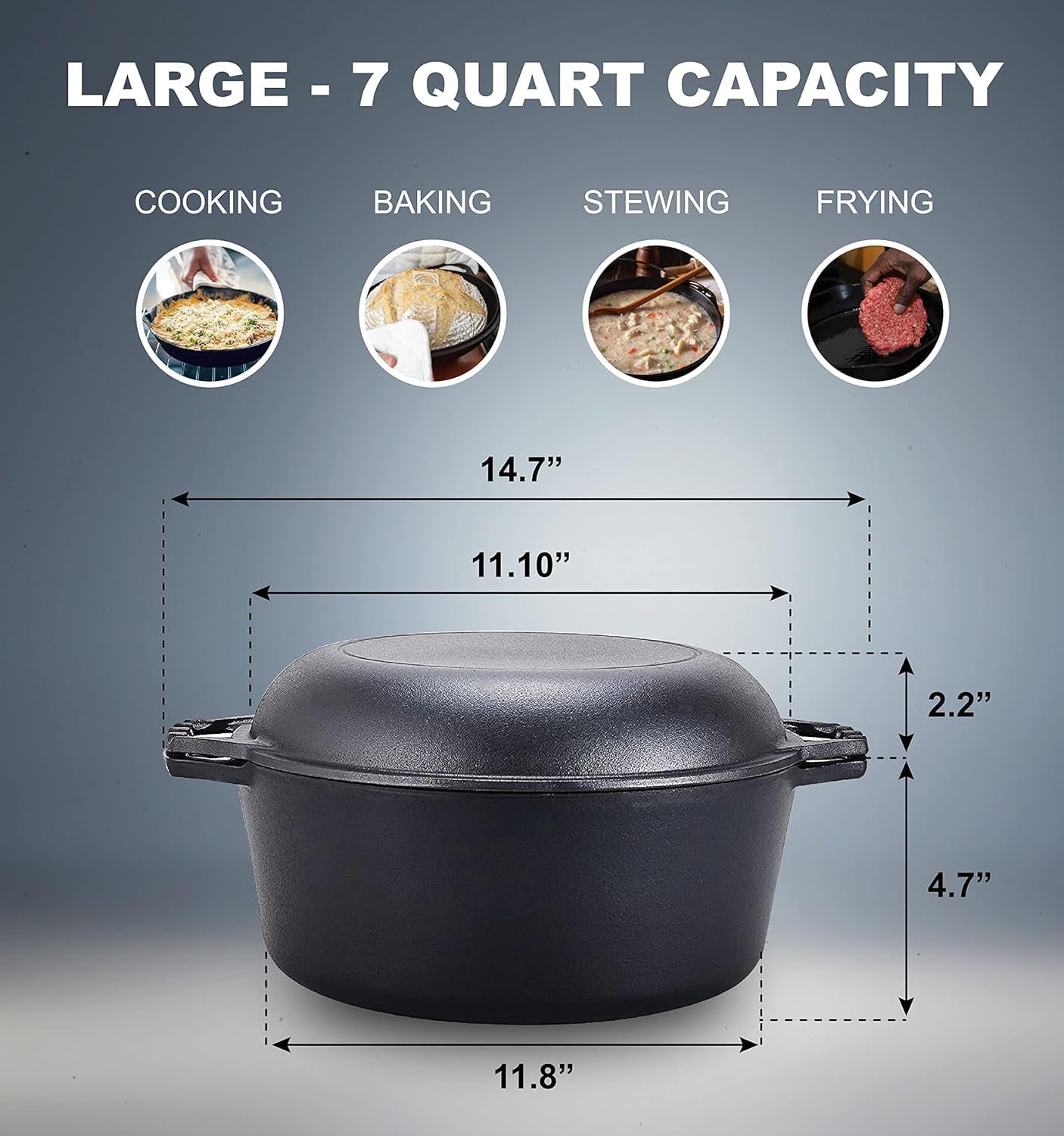 Bruntmor Pre-Seasoned Cast Iron Double Dutch Oven with Skillet Lid - 7 Quart All-In-One Casserole and Braising Pan - Heavy Duty and Oven Safe Black Cookware for Versatile Cooking - 14.7 X 6.9 Inches