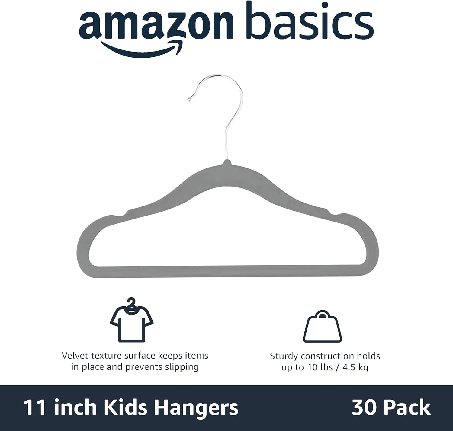 Kids Velvet, Non-Slip Clothes Hangers (Baby/Toddler), 29.46 Cm (For Baby Clothes), Pack of 30, Gray